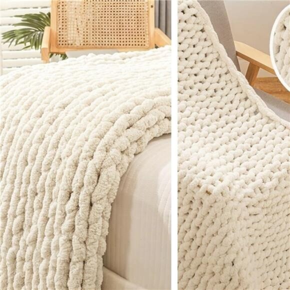 NEW West Elm Boho Chunky White Cable Knit Throw Blanket Bedding
